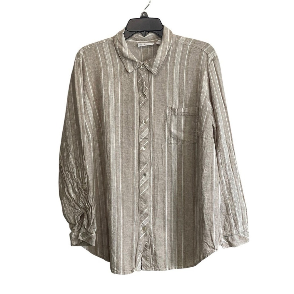 Susan Graver XL Linen Blend Striped Button Down Shirt Tan White Roll Tab Casual